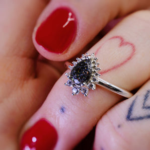 Cremation ash ring centre with genuine white diamonds in pear shape 