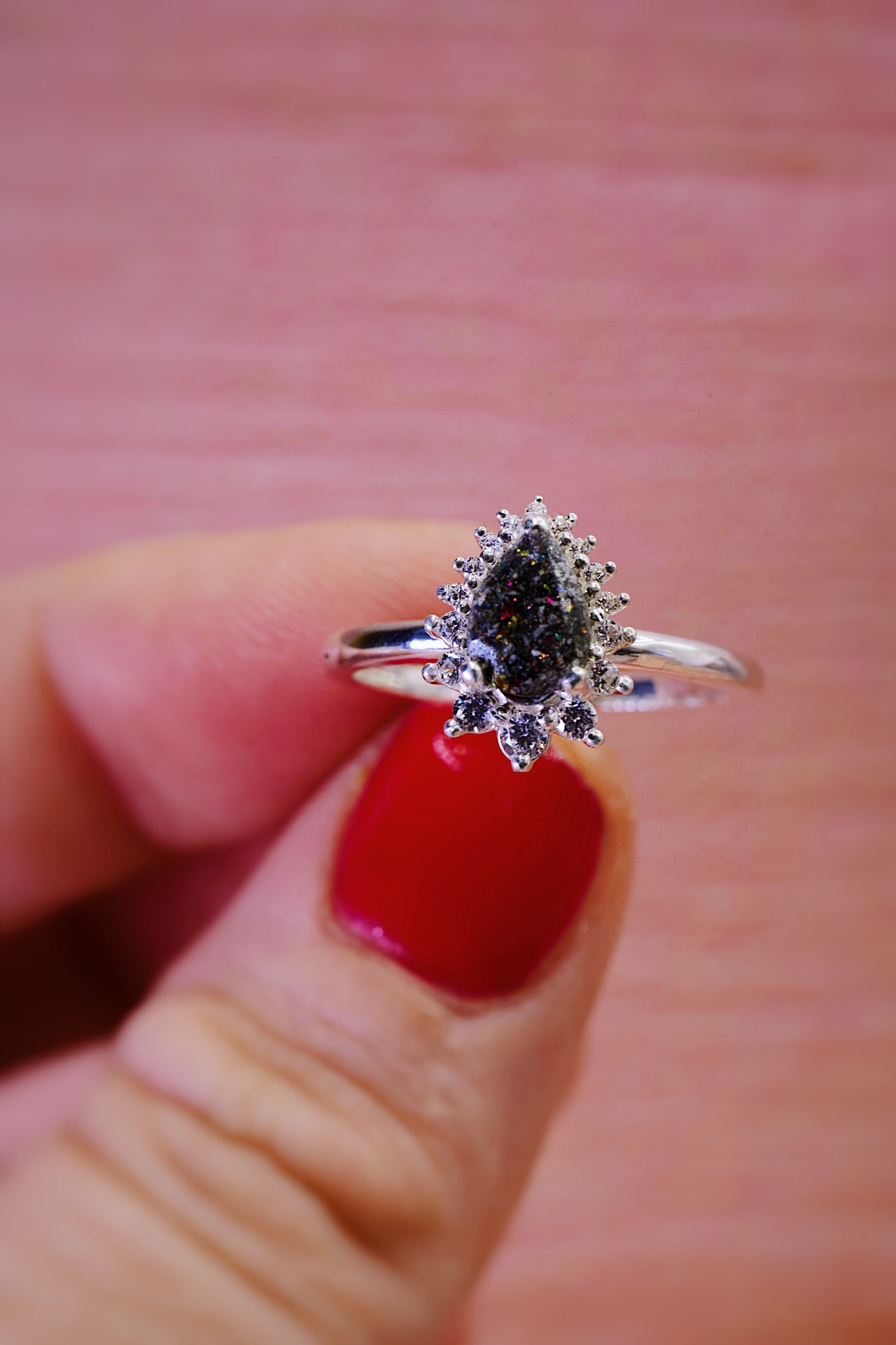 Cremation ash ring centre with genuine white diamonds in pear shape 
