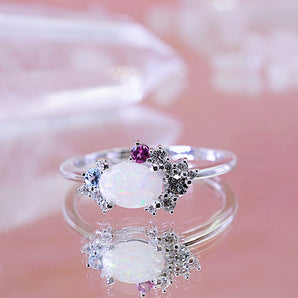 Camellia keepsake ring with custom gemstones in sterling silver