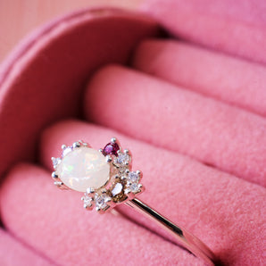 Camellia keepsake ring with custom gemstones in sterling silver