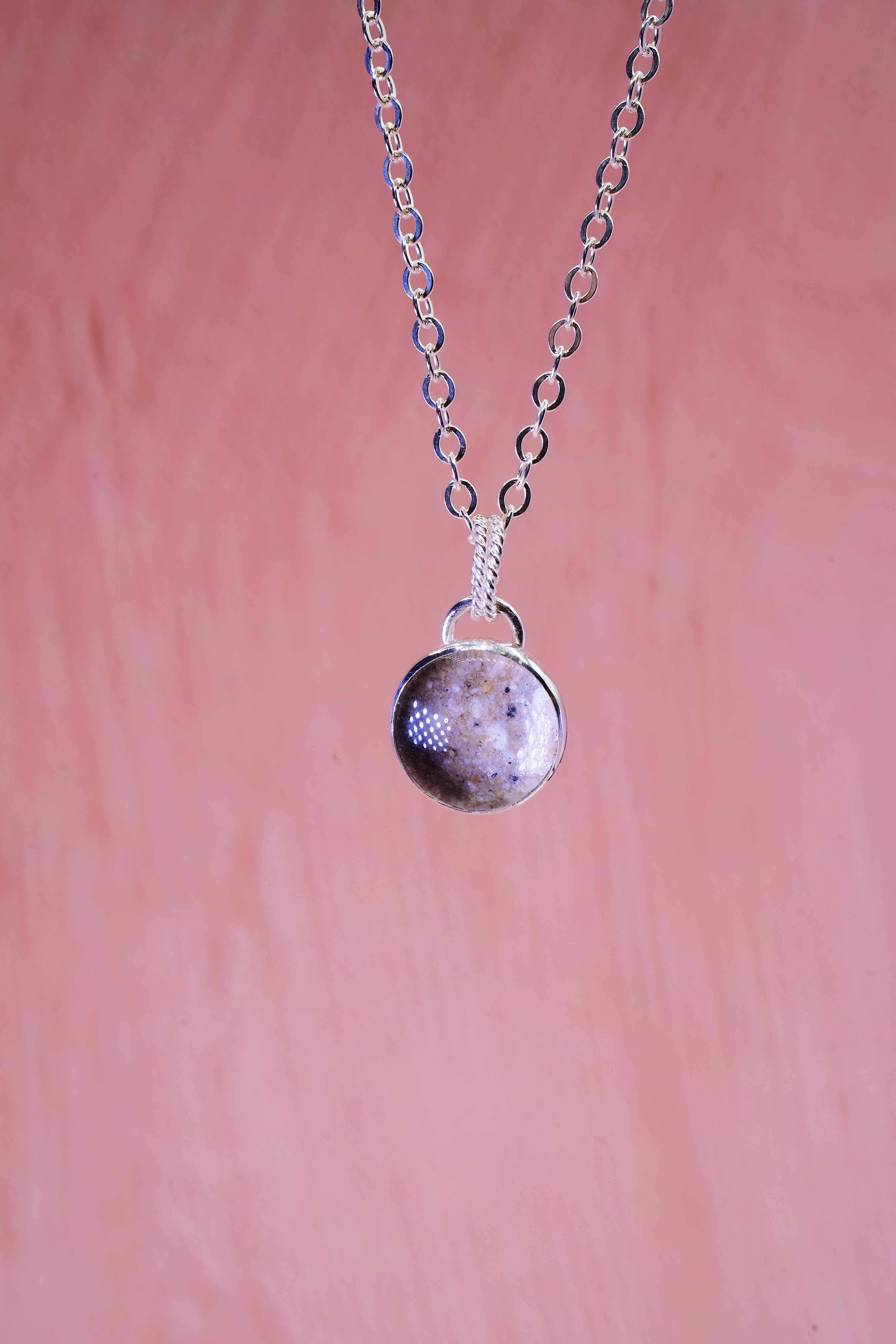 silver ashes pendant with silver chain and glass