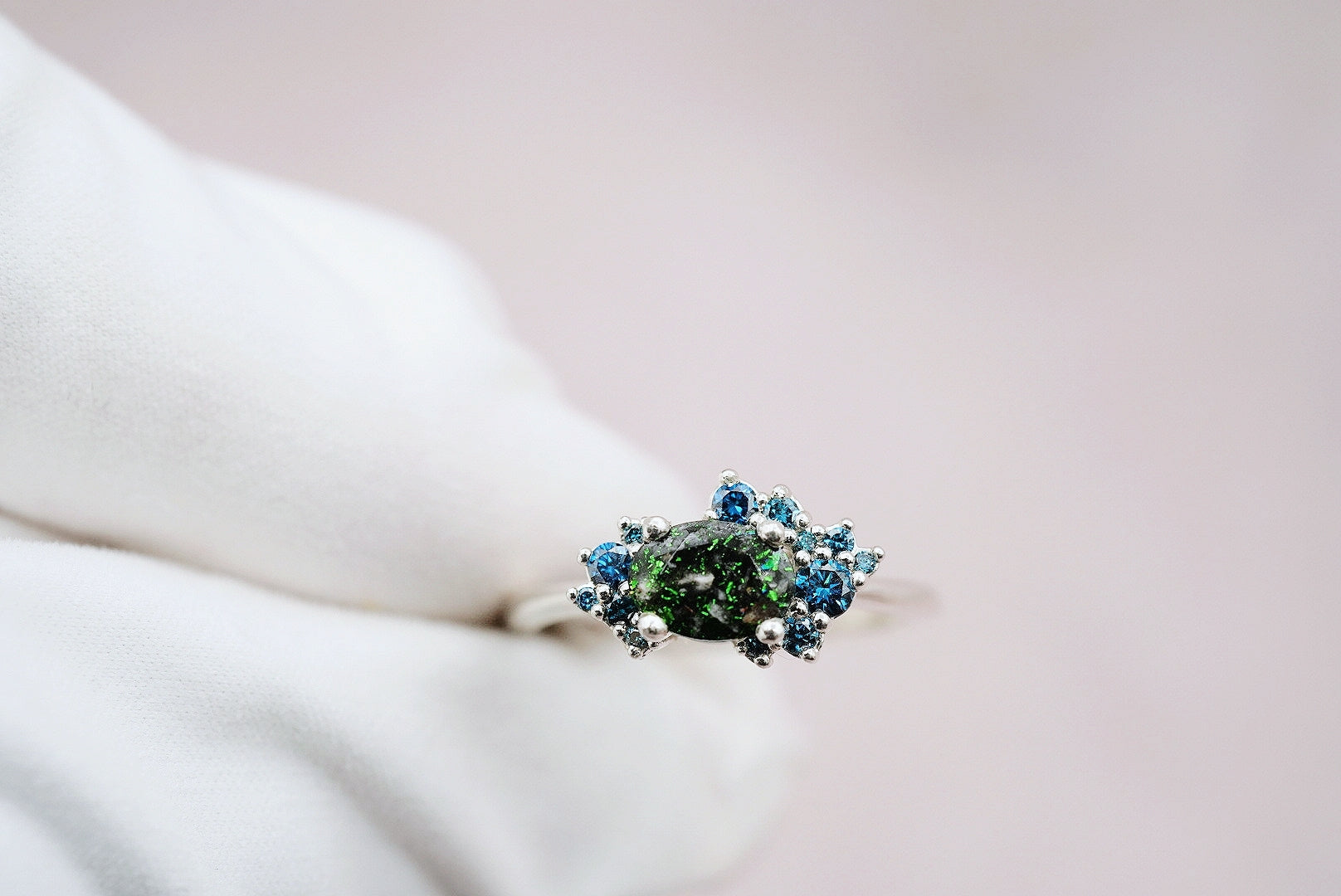 cremation ashes ring with custom gemstones in sterling silver
