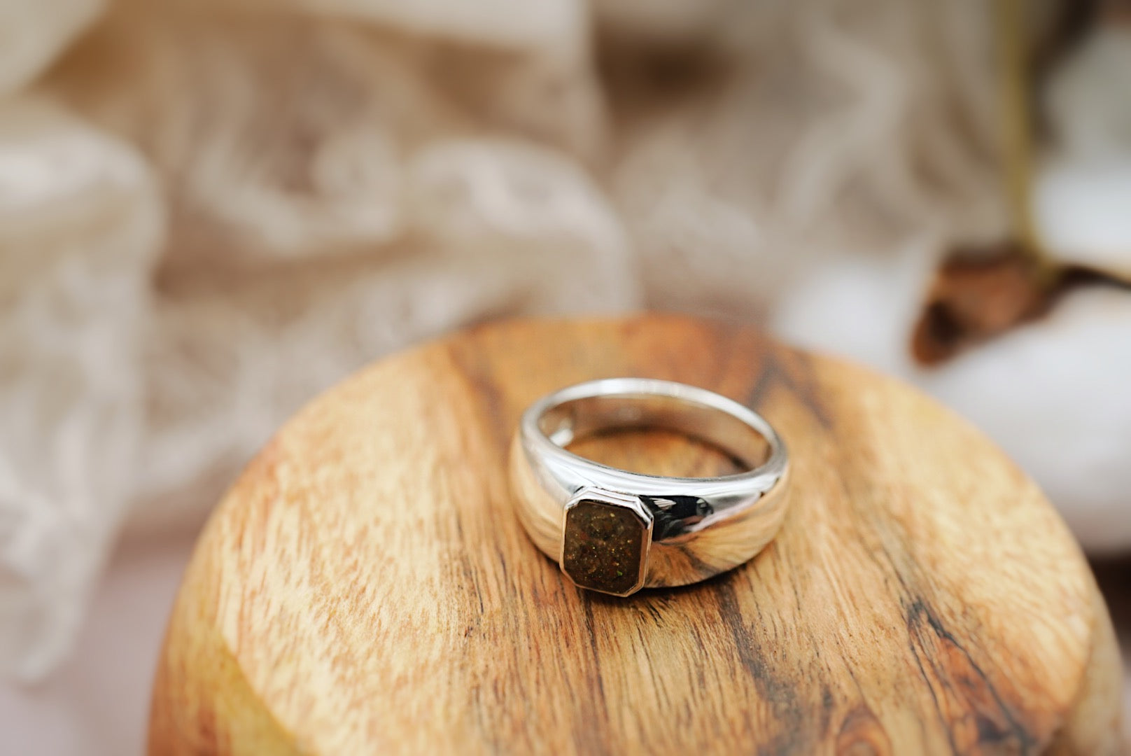 Masculine silver ring with Emerald shape stone made from cremation ashes